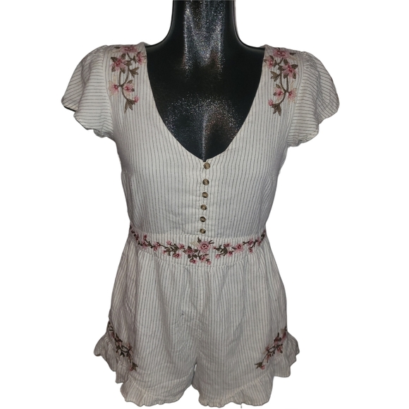 American Eagle Floral Embroidered Pin  Striped Romper S - Picture 2 of 7